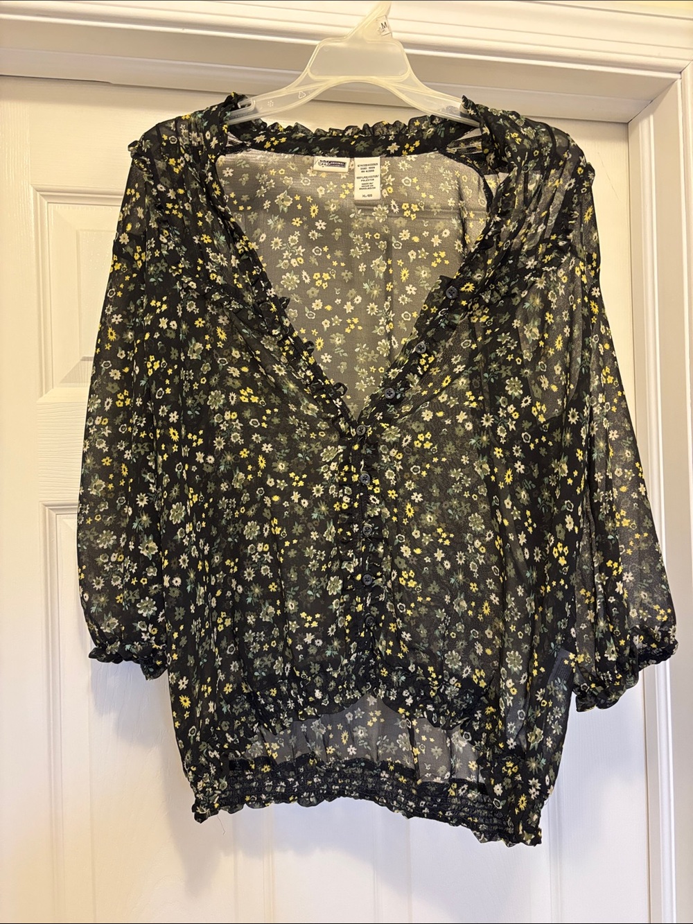 Route 66 Black Sheer Floral Ruffle V-Neck Blouse